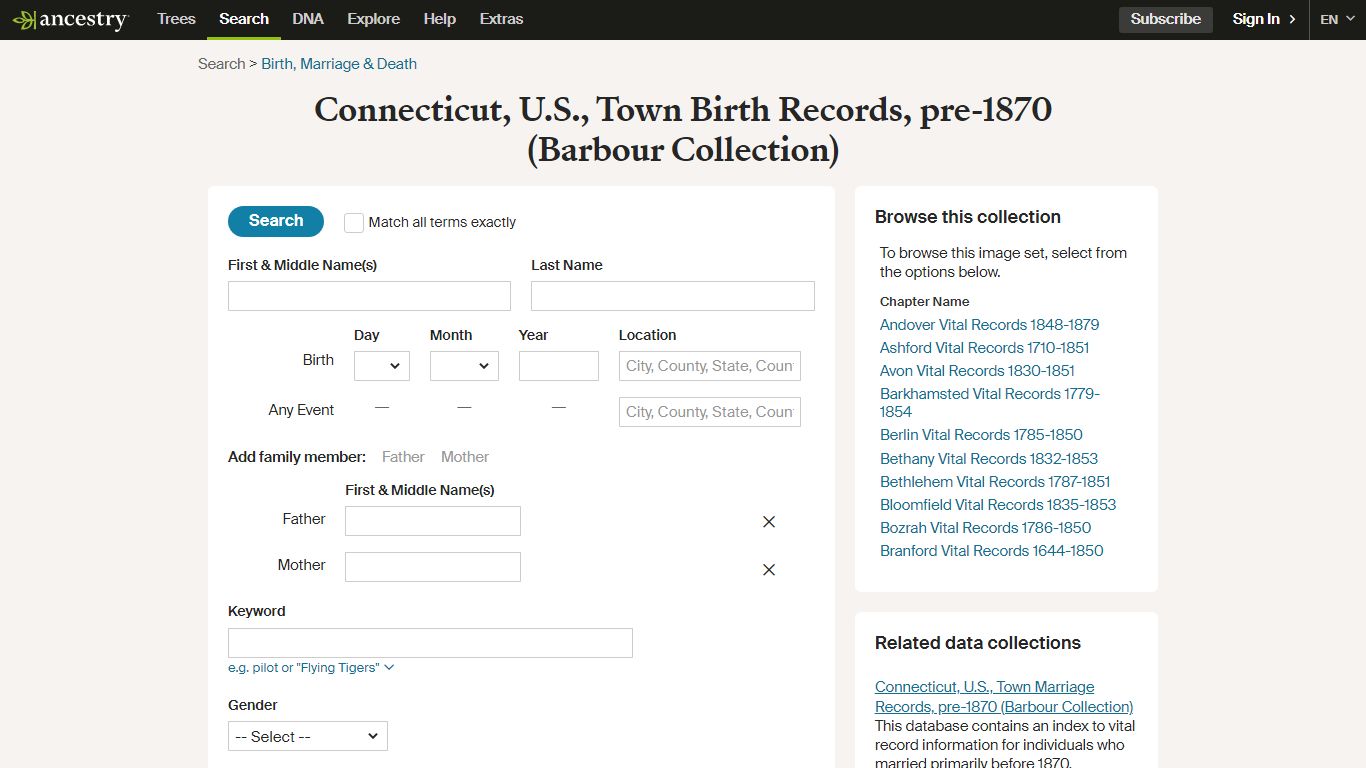 Connecticut, U.S., Town Birth Records, pre-1870 (Barbour ...